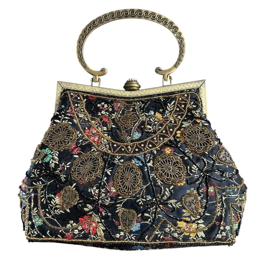 Vintage floral beaded handbag crossbody chain flapper 1920s romantic Victorian